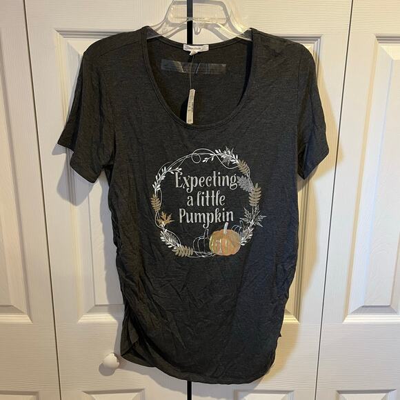 Maurices Expecting a Little Pumpkin Ruched Short Sleeve Tee Gray Maternity M - Picture 1 of 7